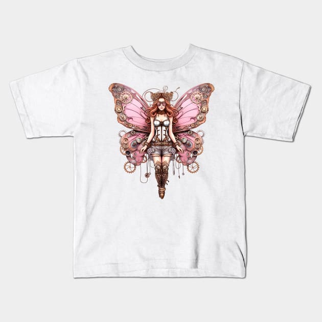 Pink Steampunk Butterfly Woman Kids T-Shirt by Chromatic Fusion Studio
